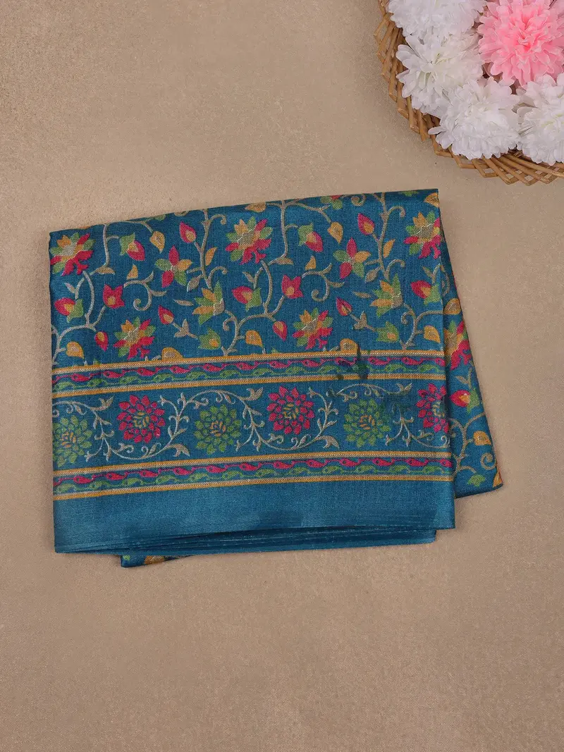Teal Blue Floral Prints Fancy Cotton Saree 1