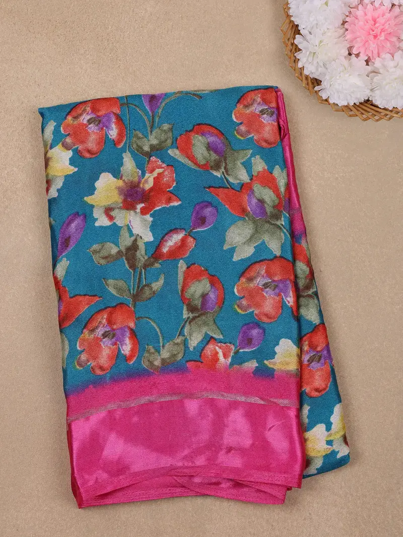 Teal Blue Floral Prints Fancy Georgette Saree 1