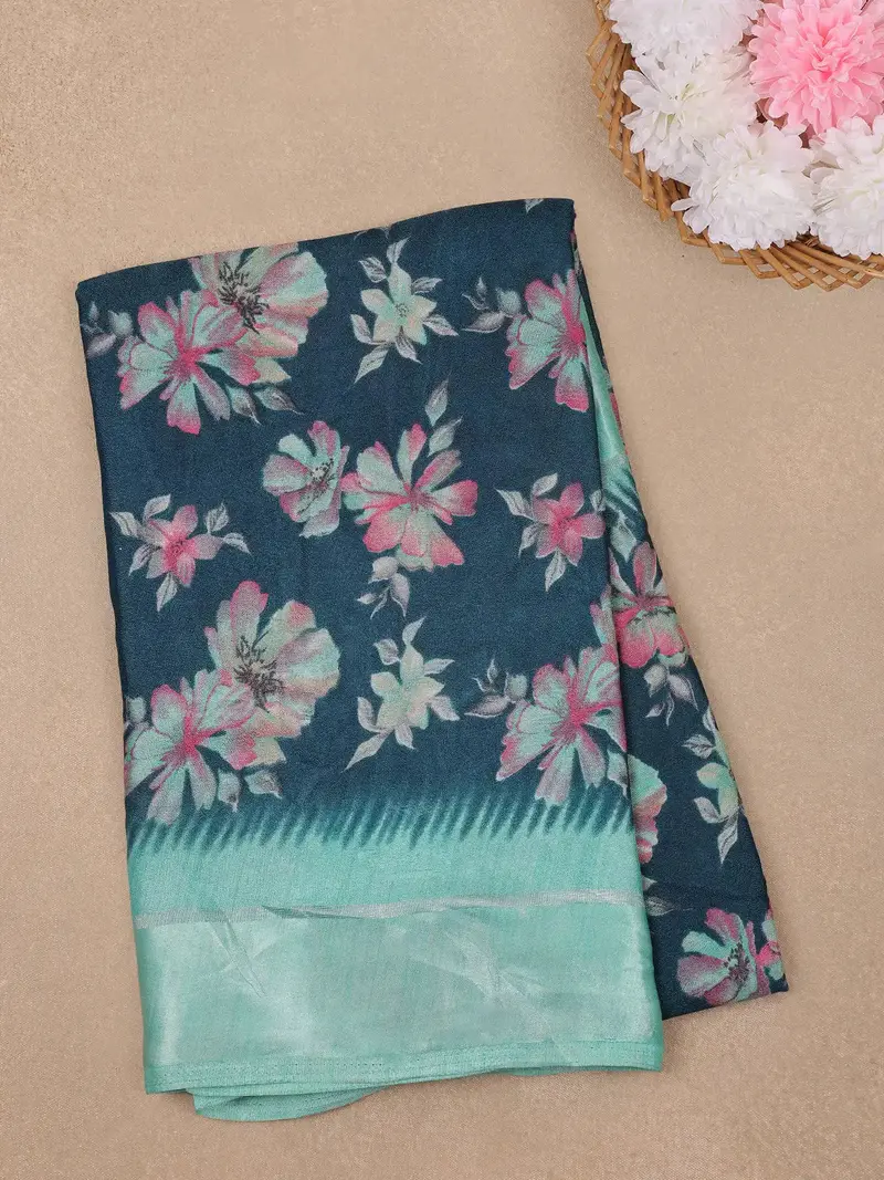 Teal Blue Floral Prints Fancy Georgette Saree 1
