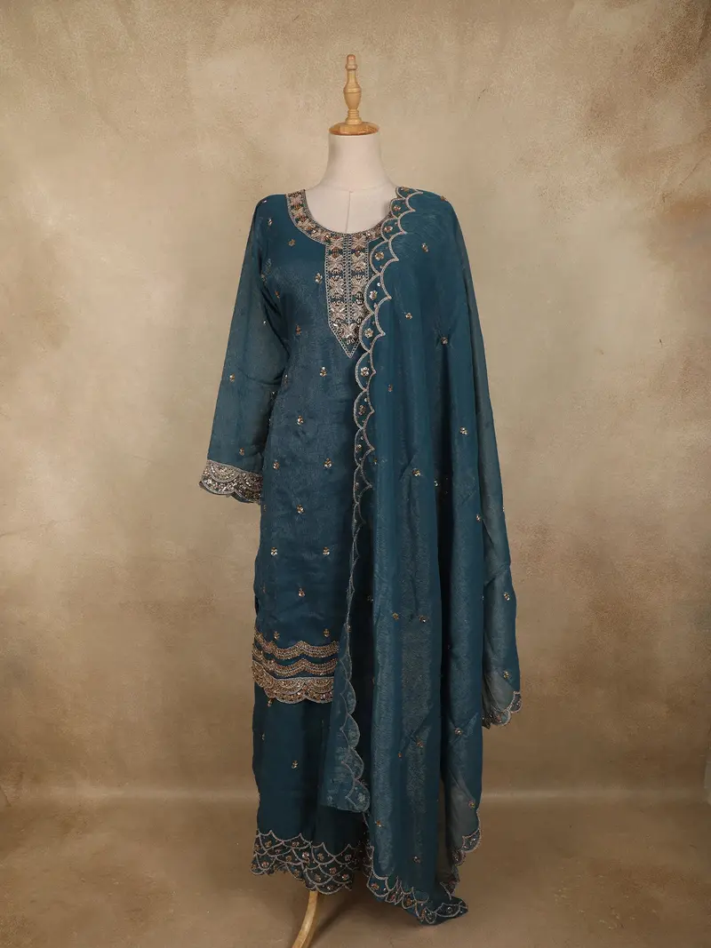 Teal Blue Floral Sequins And Beads Embroidered Design Organza Palazzo Suit With Dupatta 1