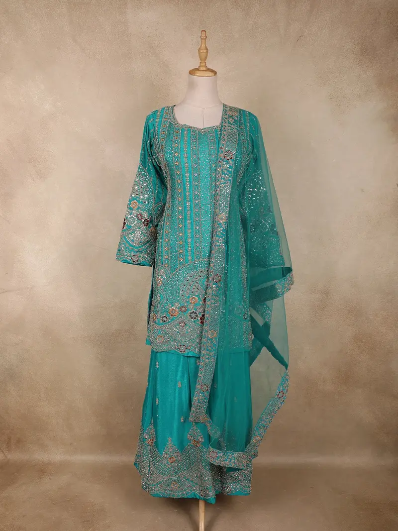 Teal Blue Floral Sequins And Thread Embroidered Design Georgette Palazzo Suit 1