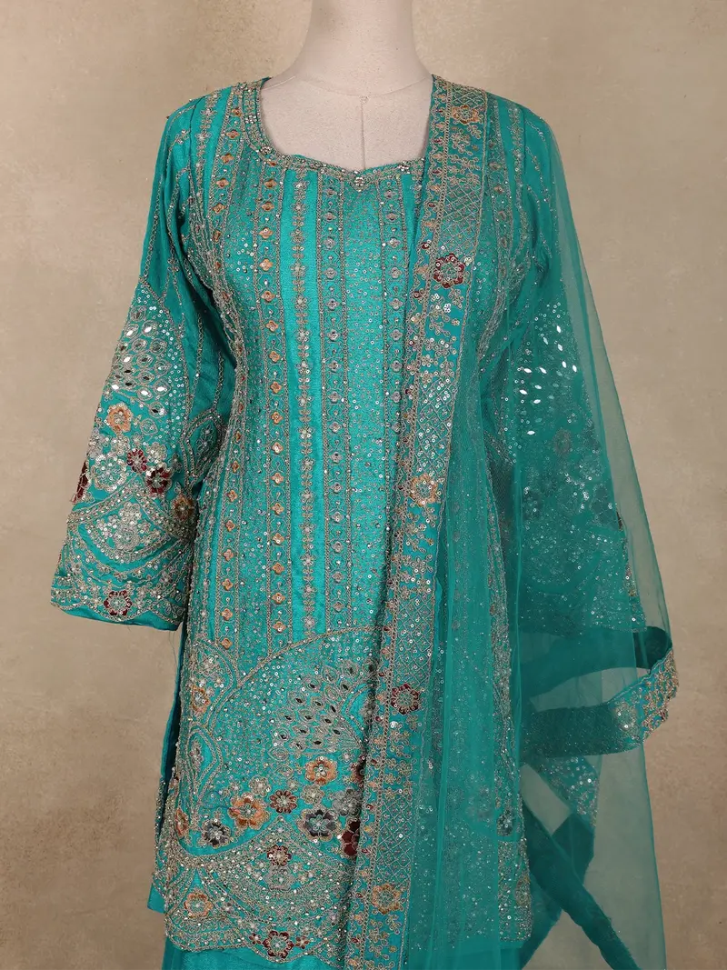 Teal Blue Floral Sequins And Thread Embroidered Design Georgette Palazzo Suit 2