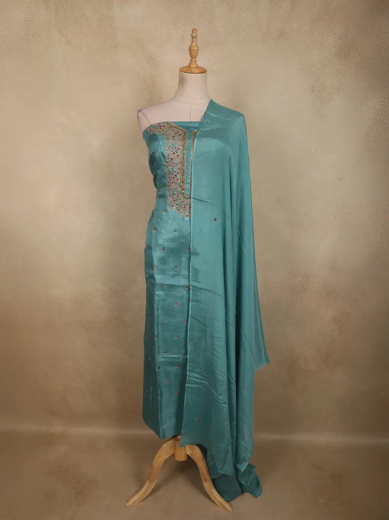 Teal Blue Floral Sequins And Thread Embroidered Design Tussar Silk Unstitched Salwar Material With Dupatta 1