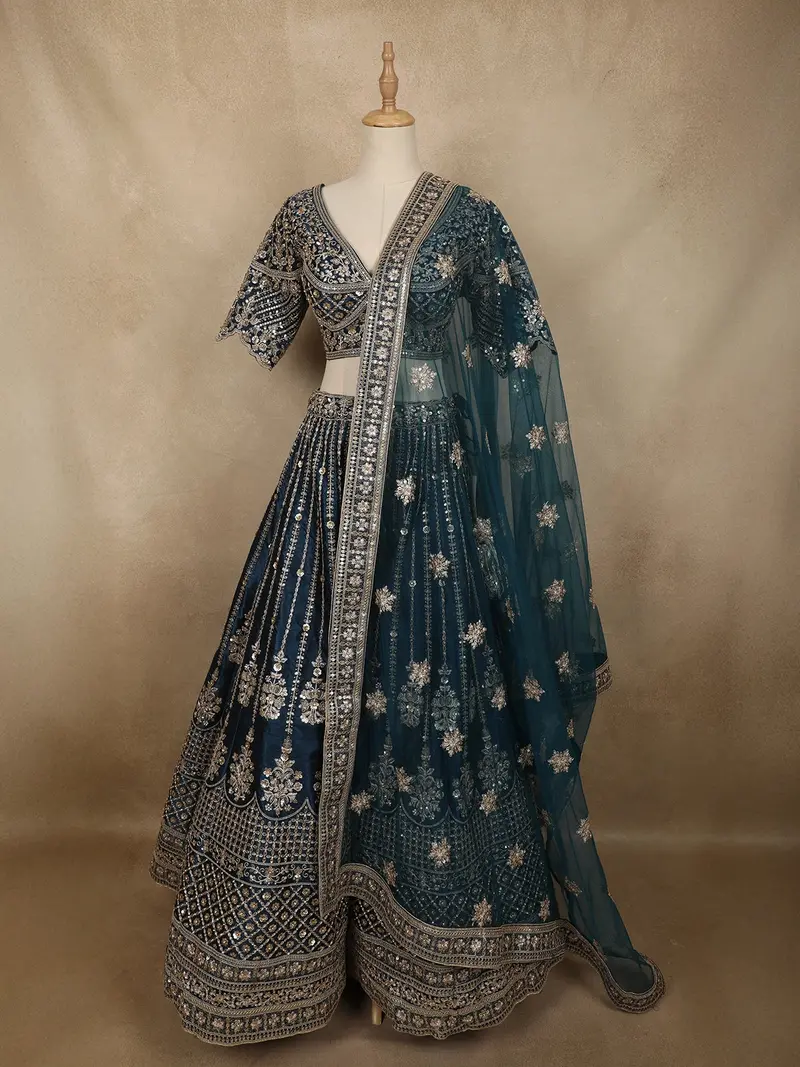 Teal Blue Floral Sequins And Zari Embroidered Design Banarasi Silk Lehenga With Dupatta 1