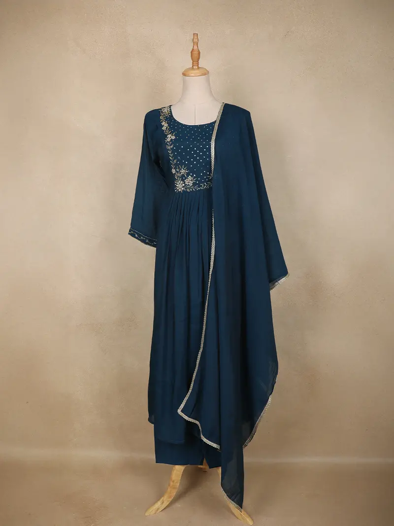 Teal Blue Floral Sequins Embroidered Anarkali Salwar Suit With Dupatta 1