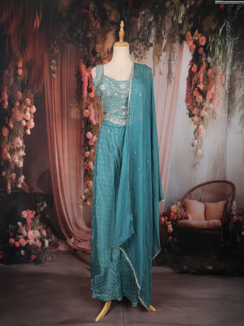Teal Blue Floral Sequins Embroidered Crepe Palazzo Suit With Dupatta 1