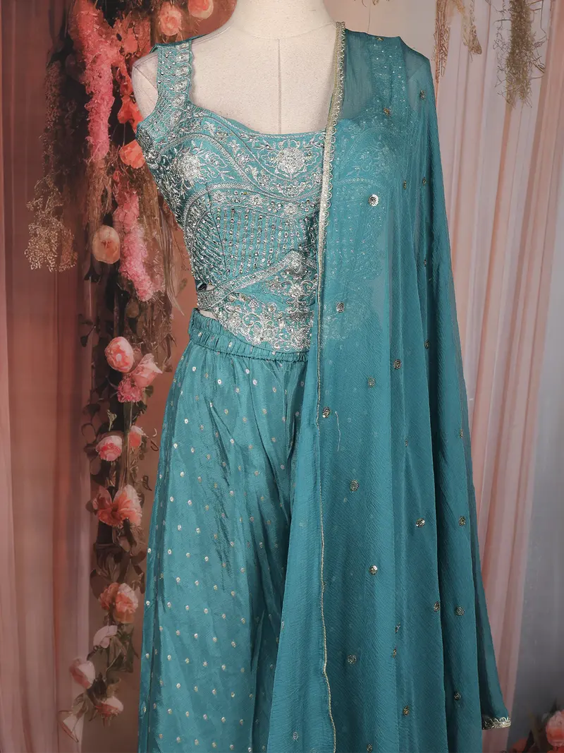Teal Blue Floral Sequins Embroidered Crepe Palazzo Suit With Dupatta 2