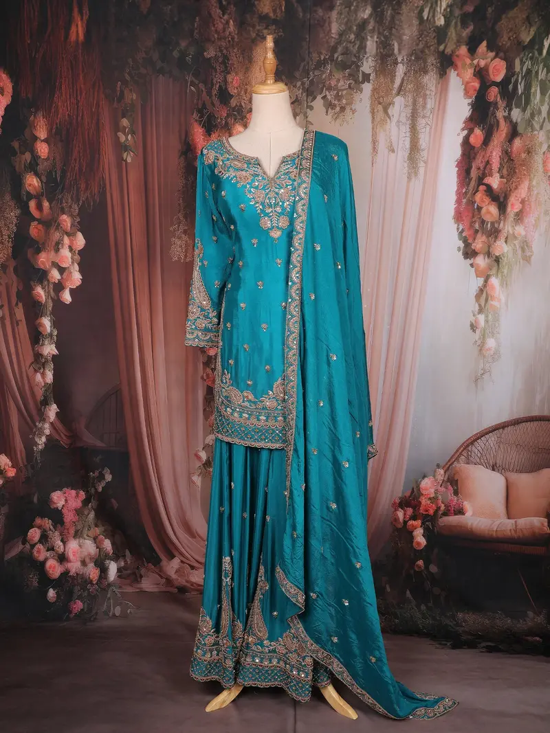 Teal Blue Floral Sequins Embroidered Design Crepe Palazzo Suit 1