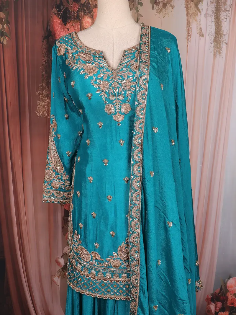 Teal Blue Floral Sequins Embroidered Design Crepe Palazzo Suit 2