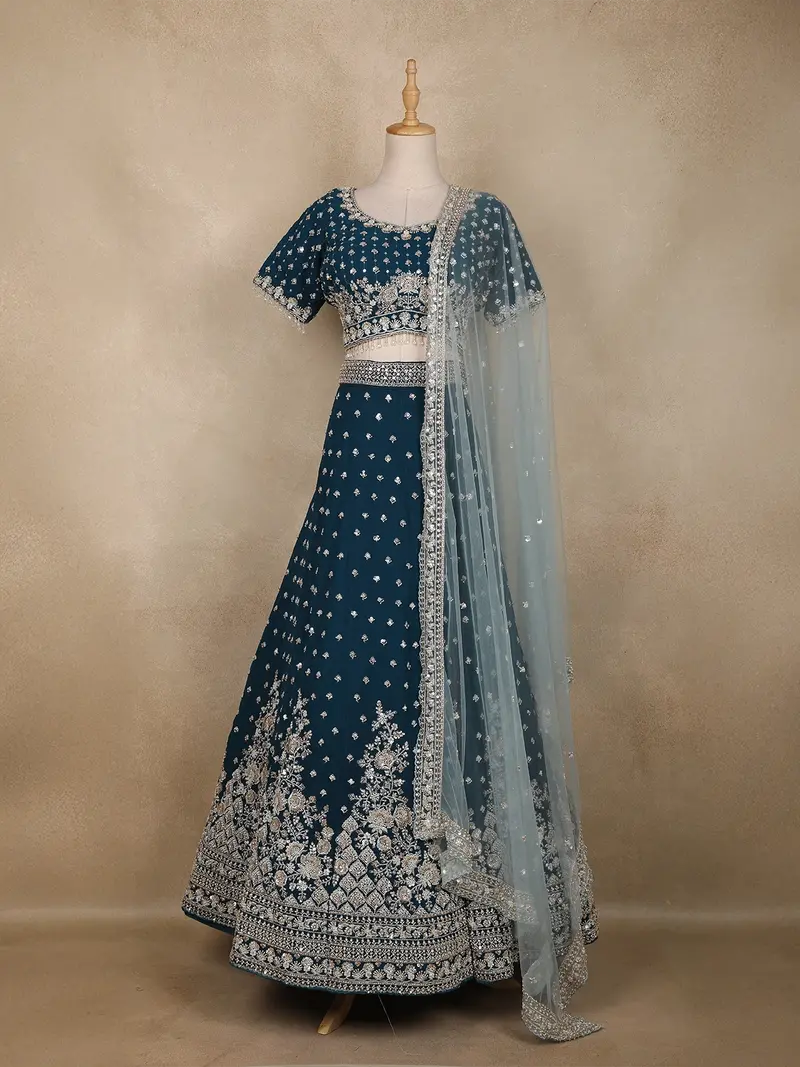 Teal Blue Floral Sequins Embroidered Georgette Lehenga Set With Net Dupatta 1