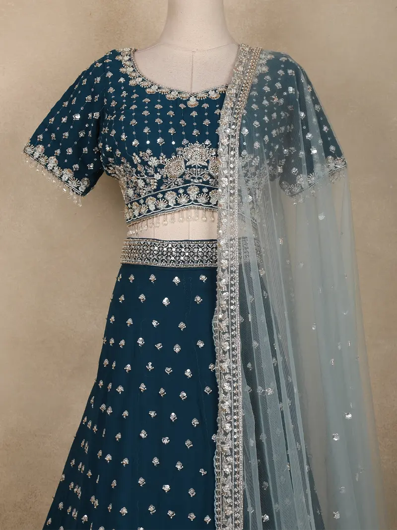 Teal Blue Floral Sequins Embroidered Georgette Lehenga Set With Net Dupatta 2