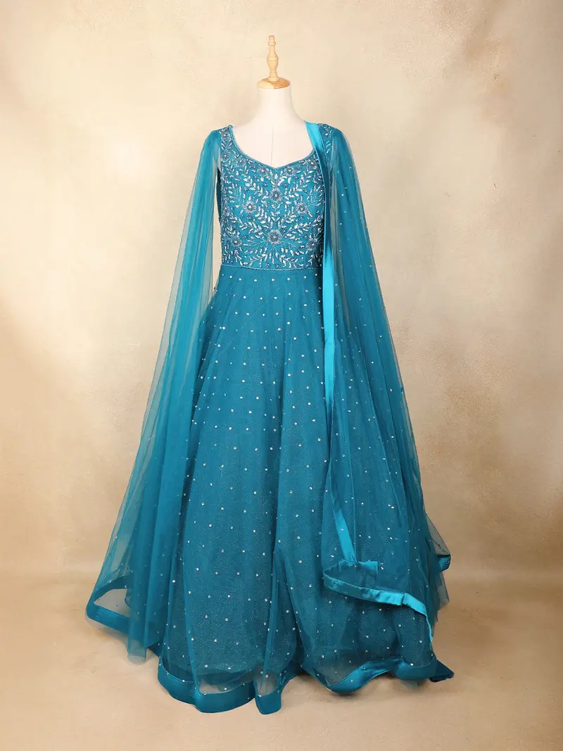 Teal Blue Floral Sequins Embroidered Net Gown With Dupatta 1