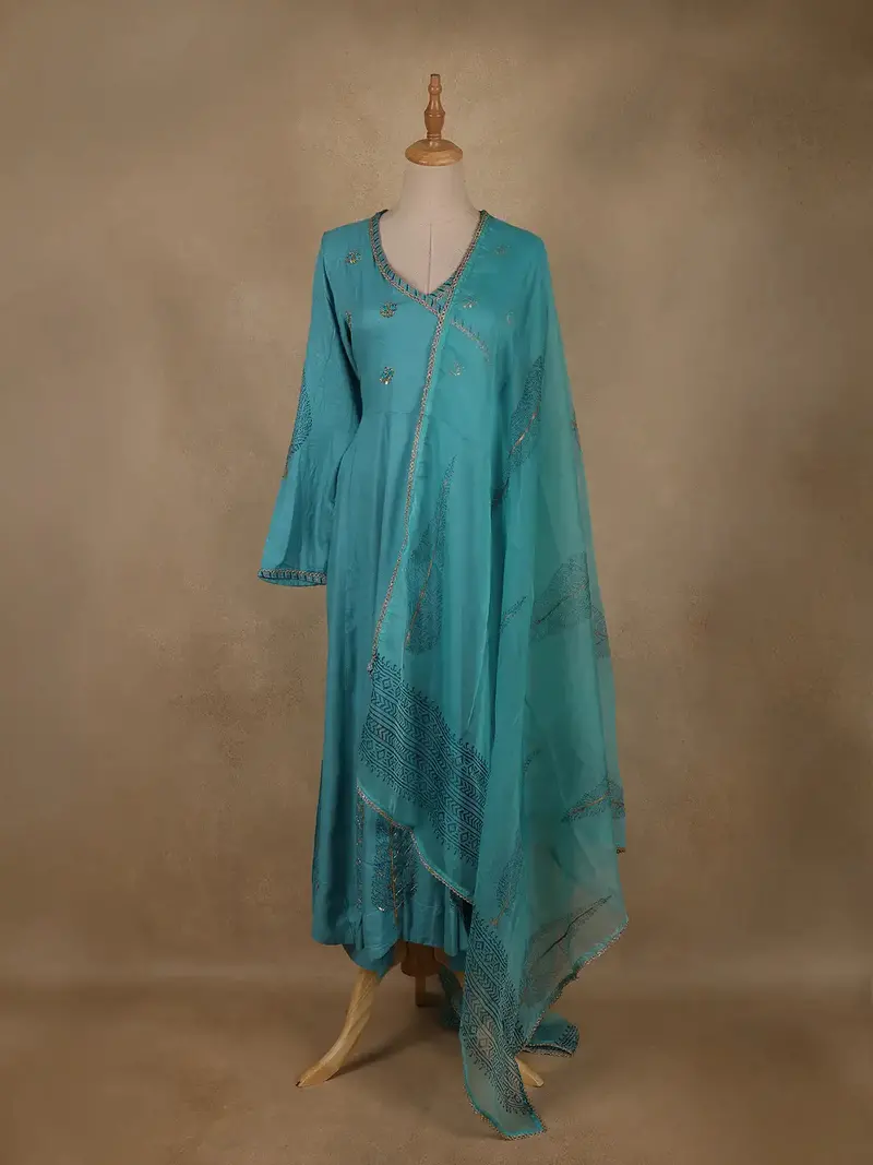 Teal Blue Floral Sequins Embroidered Silk Cotton Anarkali Salwar Suit With Dupatta 1