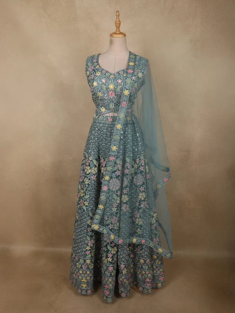 Teal Blue Floral Thread And Mirror Embroidered Design Net Lehenga With Dupatta 1