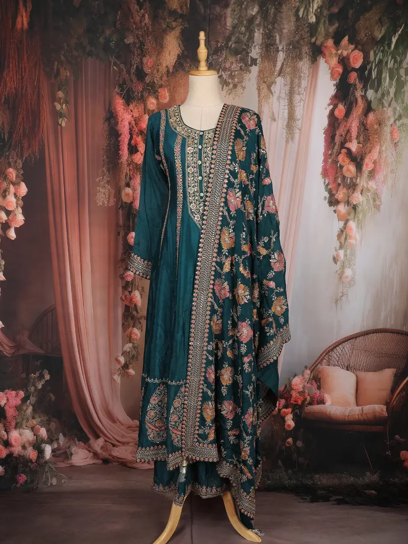 Teal Blue Floral Thread And Sequins Embroidered Design Crepe Palazzo Suit 1