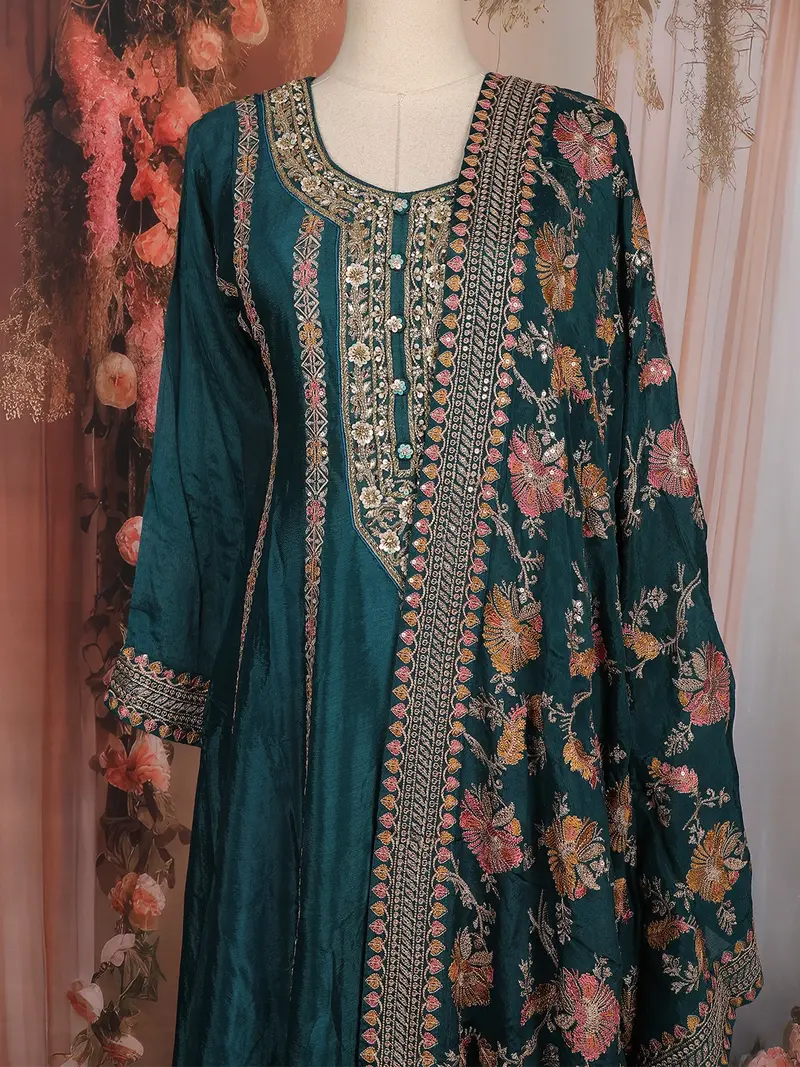 Teal Blue Floral Thread And Sequins Embroidered Design Crepe Palazzo Suit 2