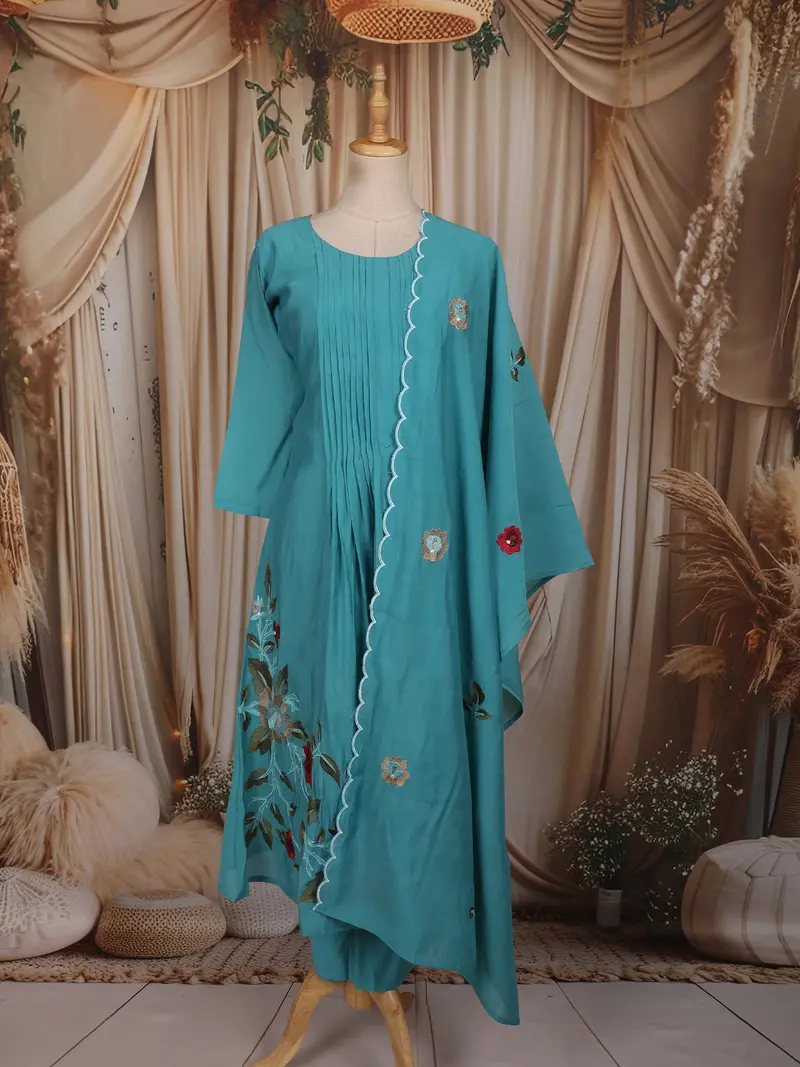 Teal Blue Floral Thread Embroidered Design Cotton Anarkali Salwar Suit With Dupatta 1