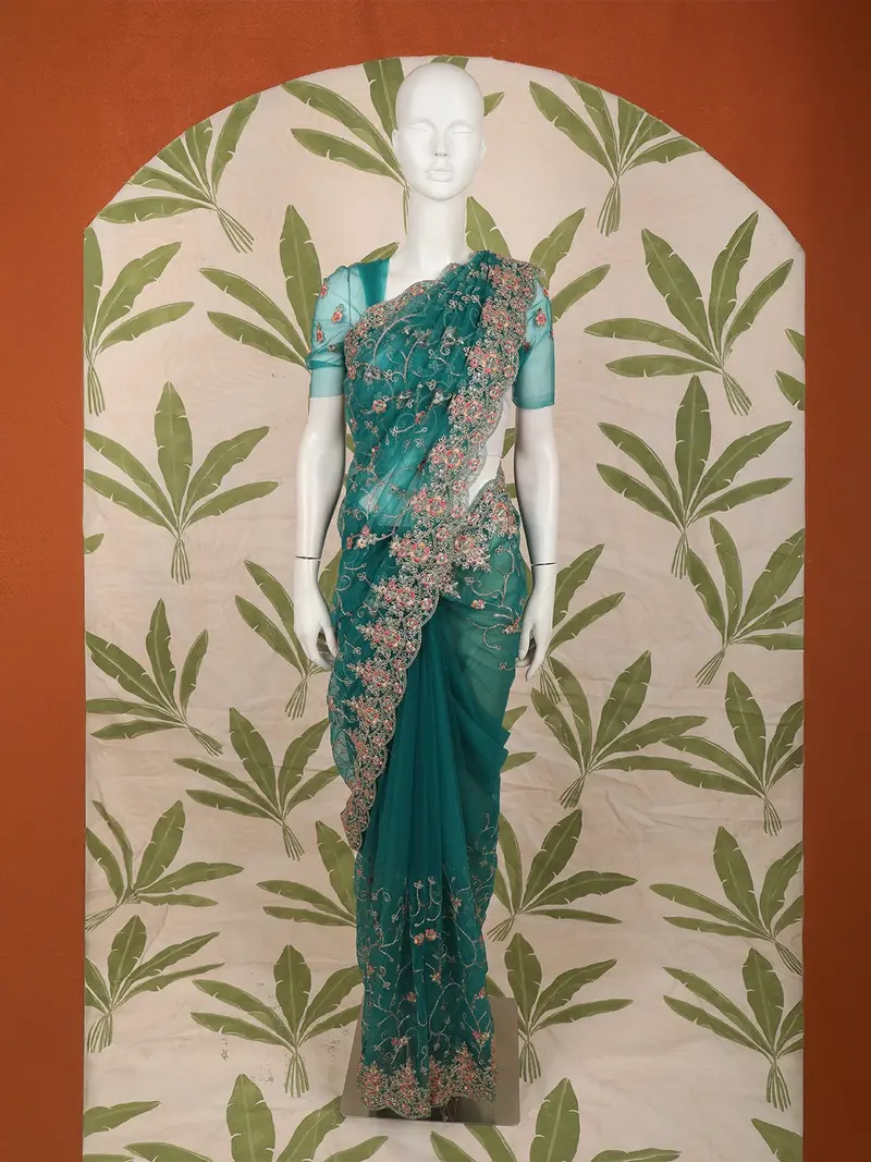 Teal Blue Floral Vine Embroidered Design Net Fancy Saree With Scalloped Border 1