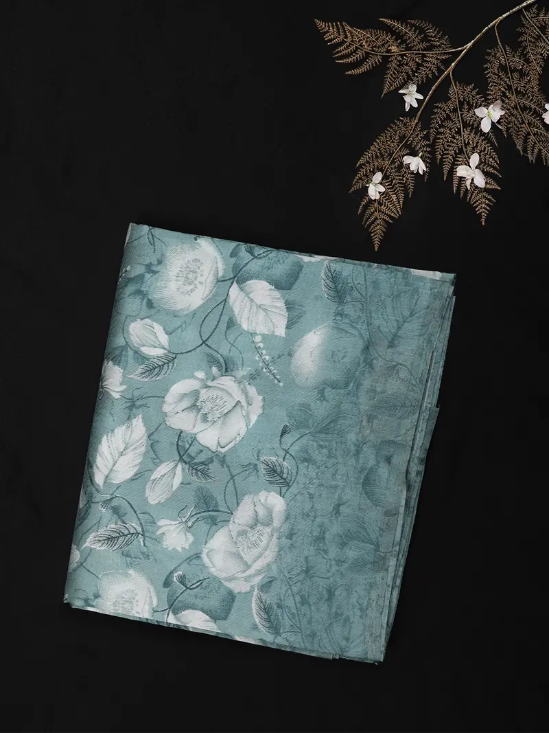 Teal Blue Floral Woven Design Cotton Blend Saree 1