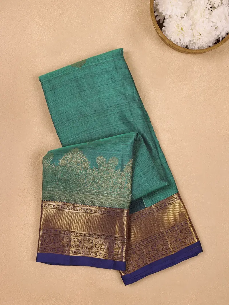 Teal Blue Floral Woven Pure Kanchipuram Silk Saree 1
