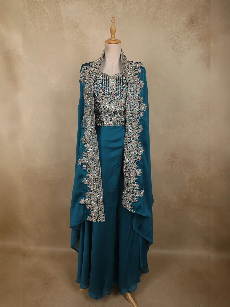 Teal Blue Floral Zari And Beads Embroidered Design Georgette Palazzo Salwar Suit With Coat 1