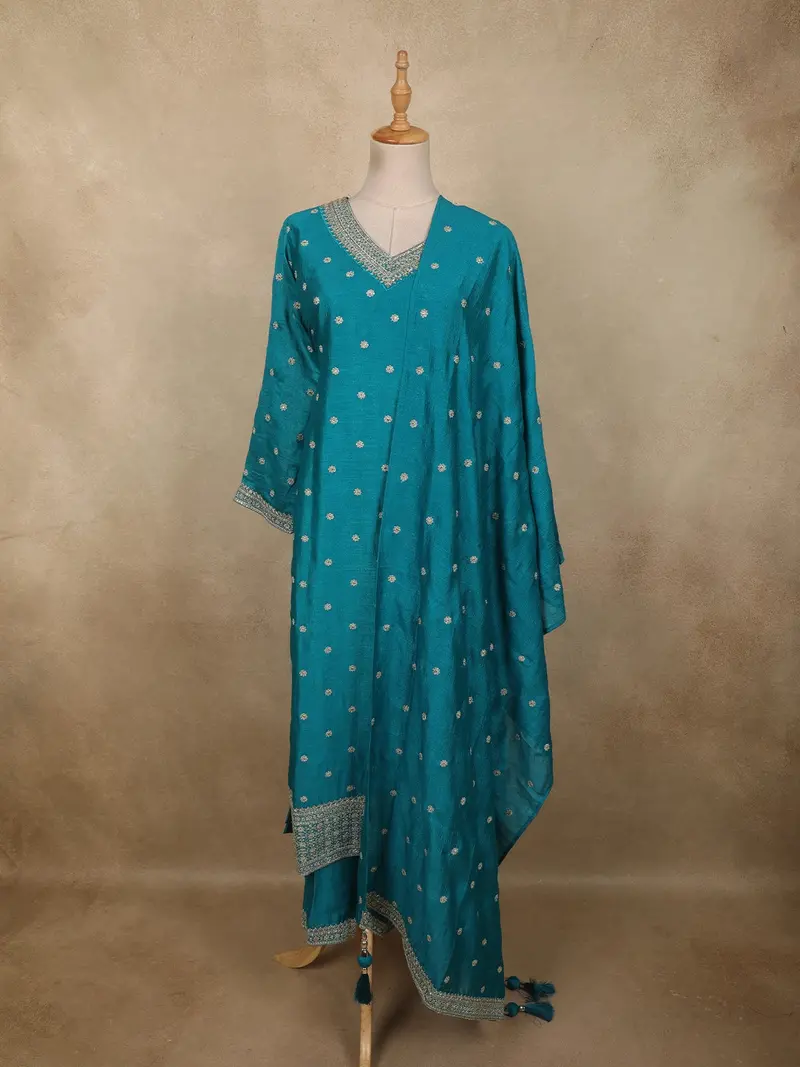 Teal Blue Floral Zari Embroidered Design Tussar Silk Salwar Suit With Dupatta 1