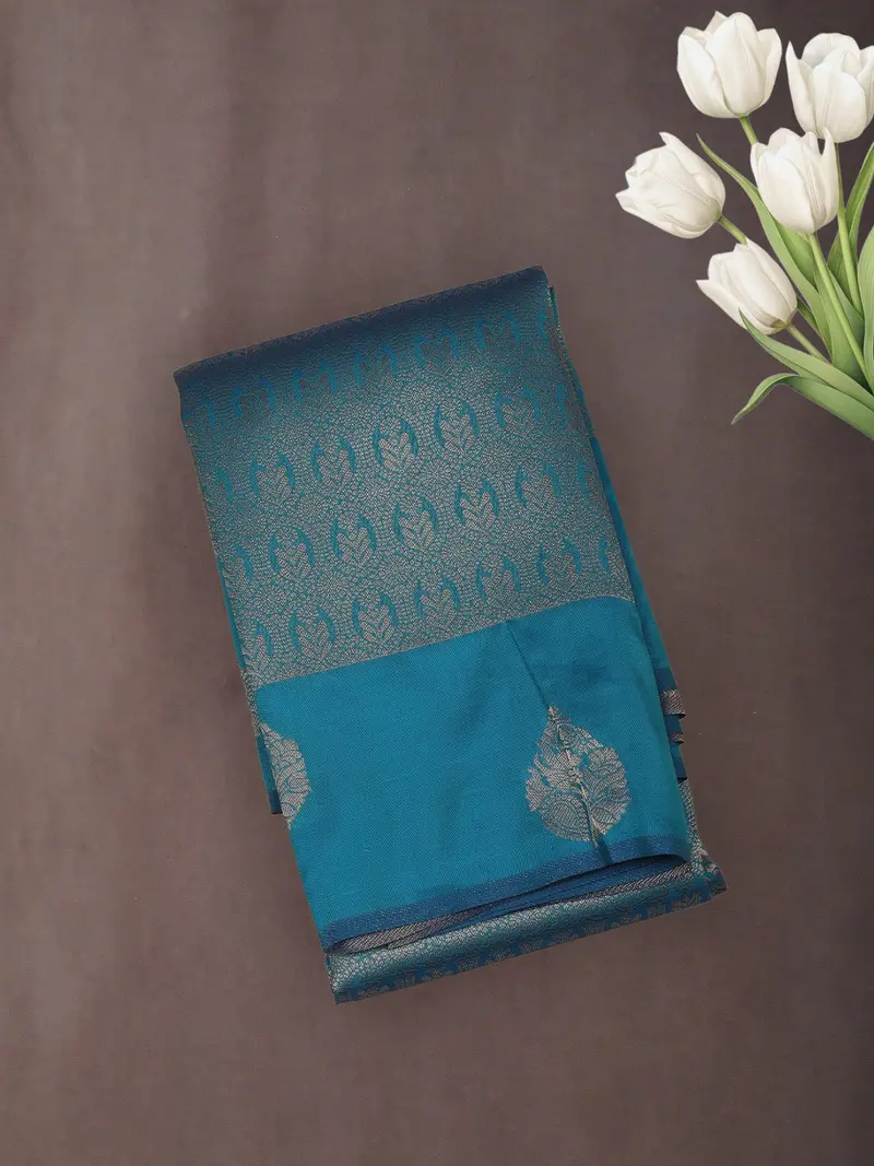 Teal Blue Floral Zari Woven Design Art Silk Saree 1