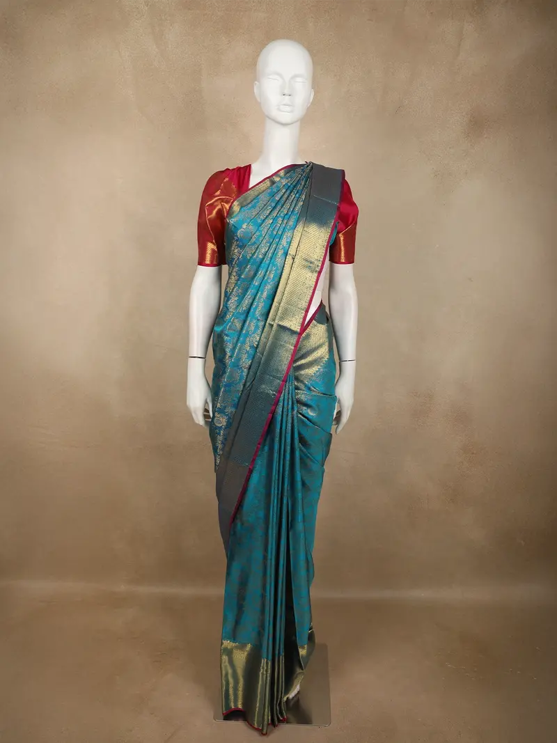 Teal Blue Floral Zari Woven Design Pure Kanchipuram Silk Saree With Zari Border 1
