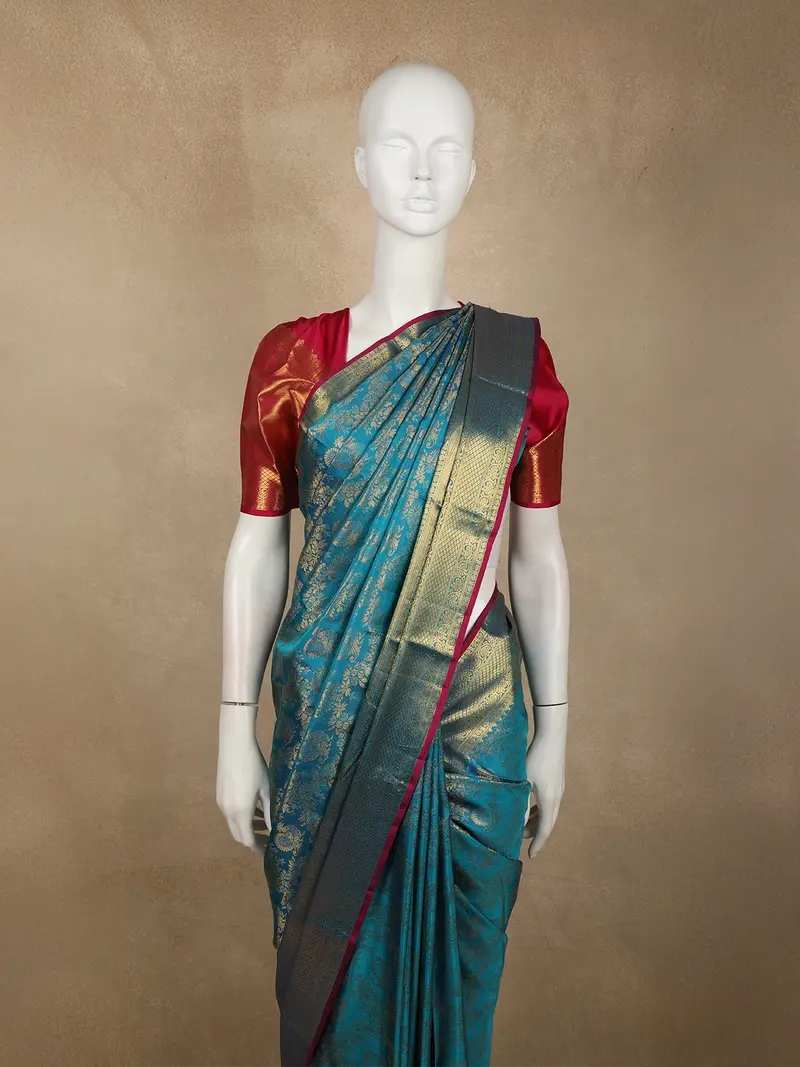 Teal Blue Floral Zari Woven Design Pure Kanchipuram Silk Saree With Zari Border 2