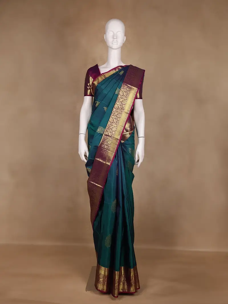 Teal Blue Floral Zari Woven Kanchipuram Silk Saree 1