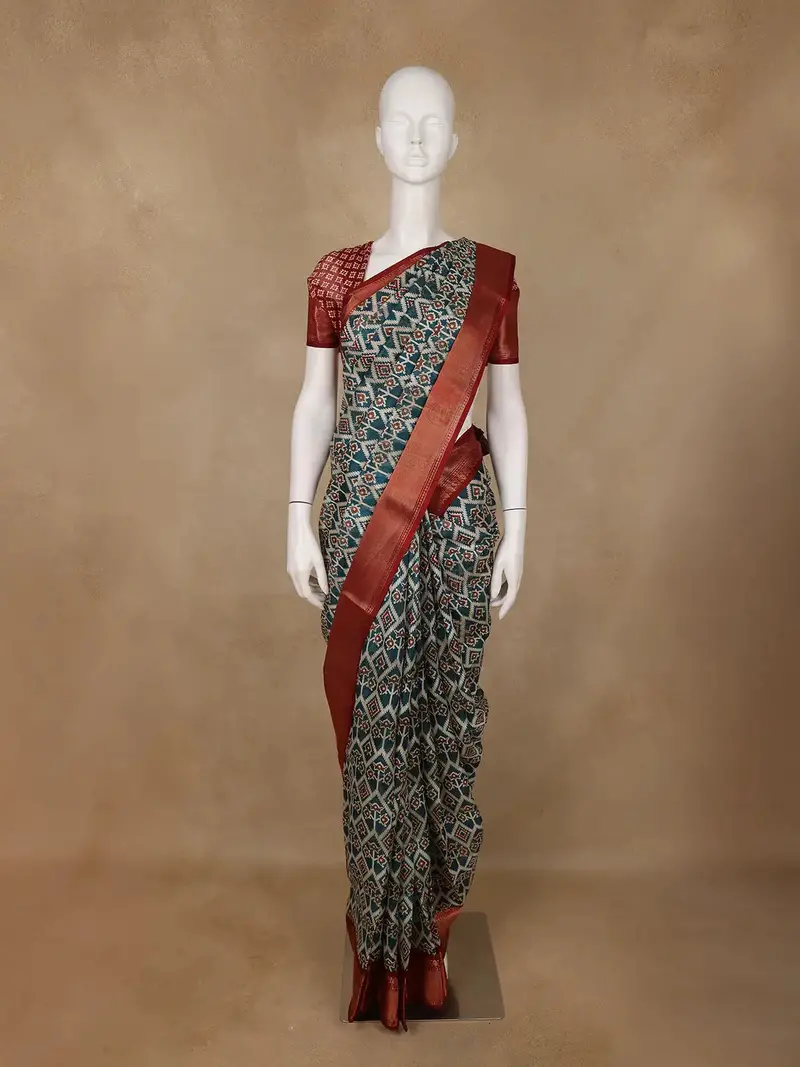 Teal Blue Geometric Design Semi Tussar Saree 1