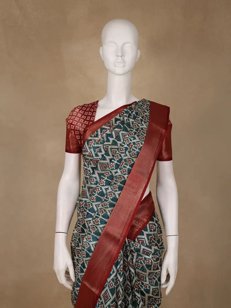 Teal Blue Geometric Design Semi Tussar Saree 2