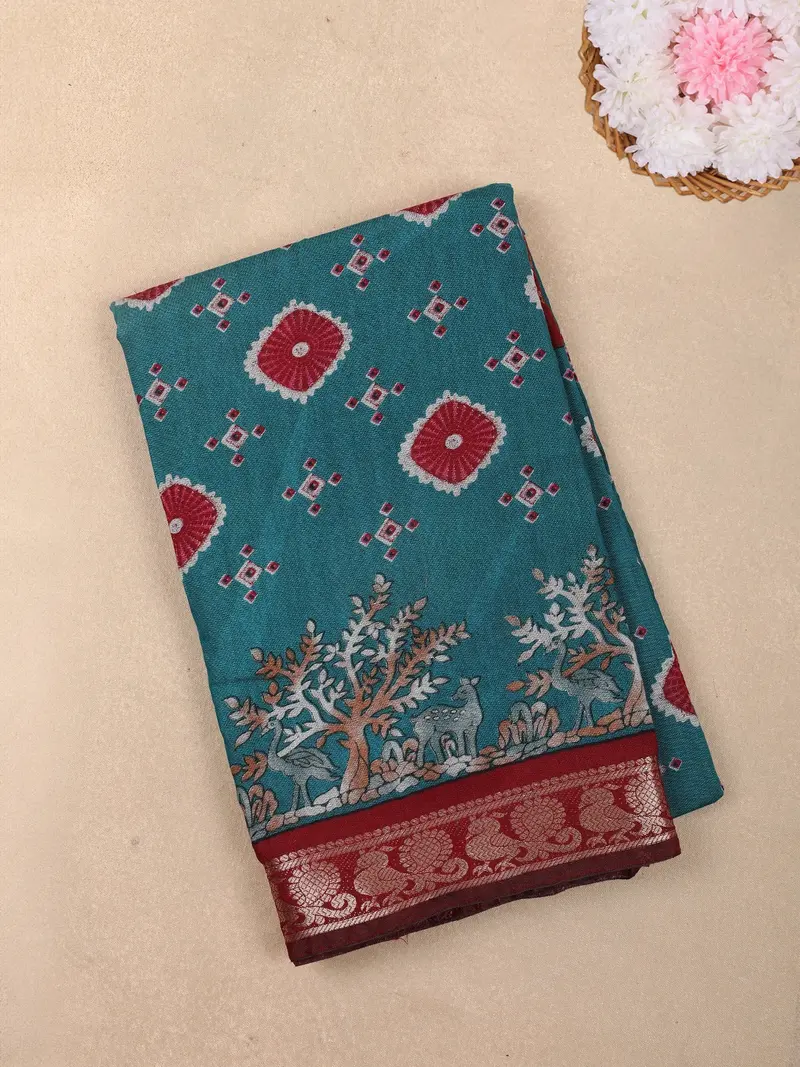 Teal Blue Geometric Printed Design Chanderi Cotton Saree With Contrast Zari Woven Border 1