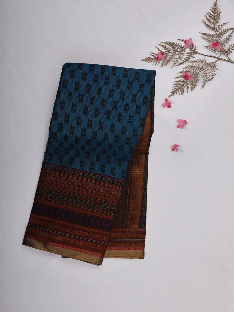 Teal Blue Geometric Printed Karishma Cotton Saree With Multicolor Traditional Border 1