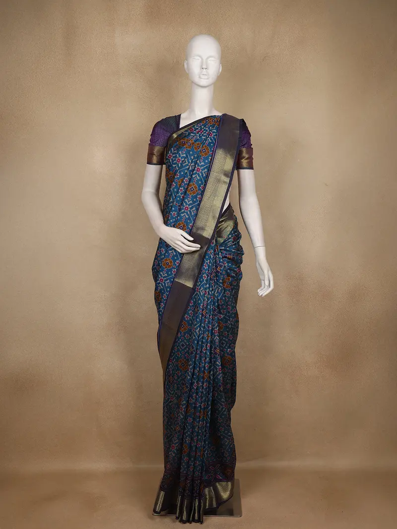 Teal Blue Geometric Woven Design Cotton Saree With Contrast Purple Zari Border 1