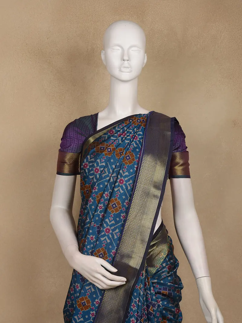 Teal Blue Geometric Woven Design Cotton Saree With Contrast Purple Zari Border 2