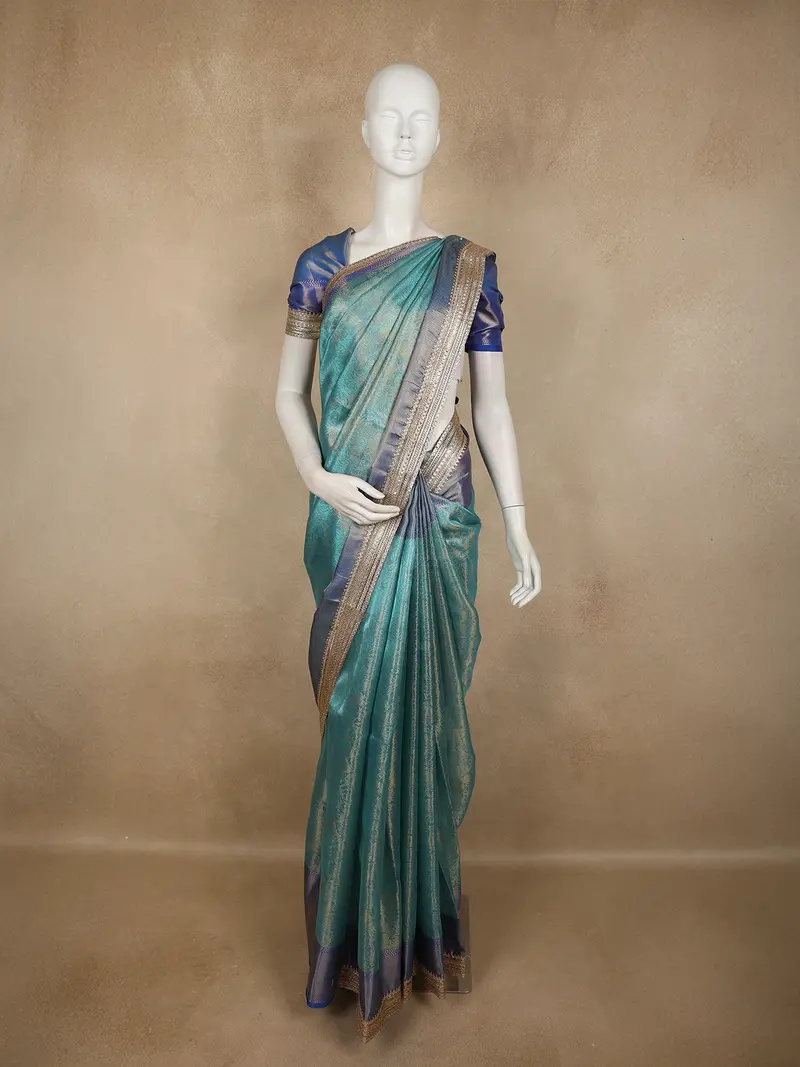 Teal Blue Geometric Zari Woven Design Tissue Designer Saree With Sequins Border 1