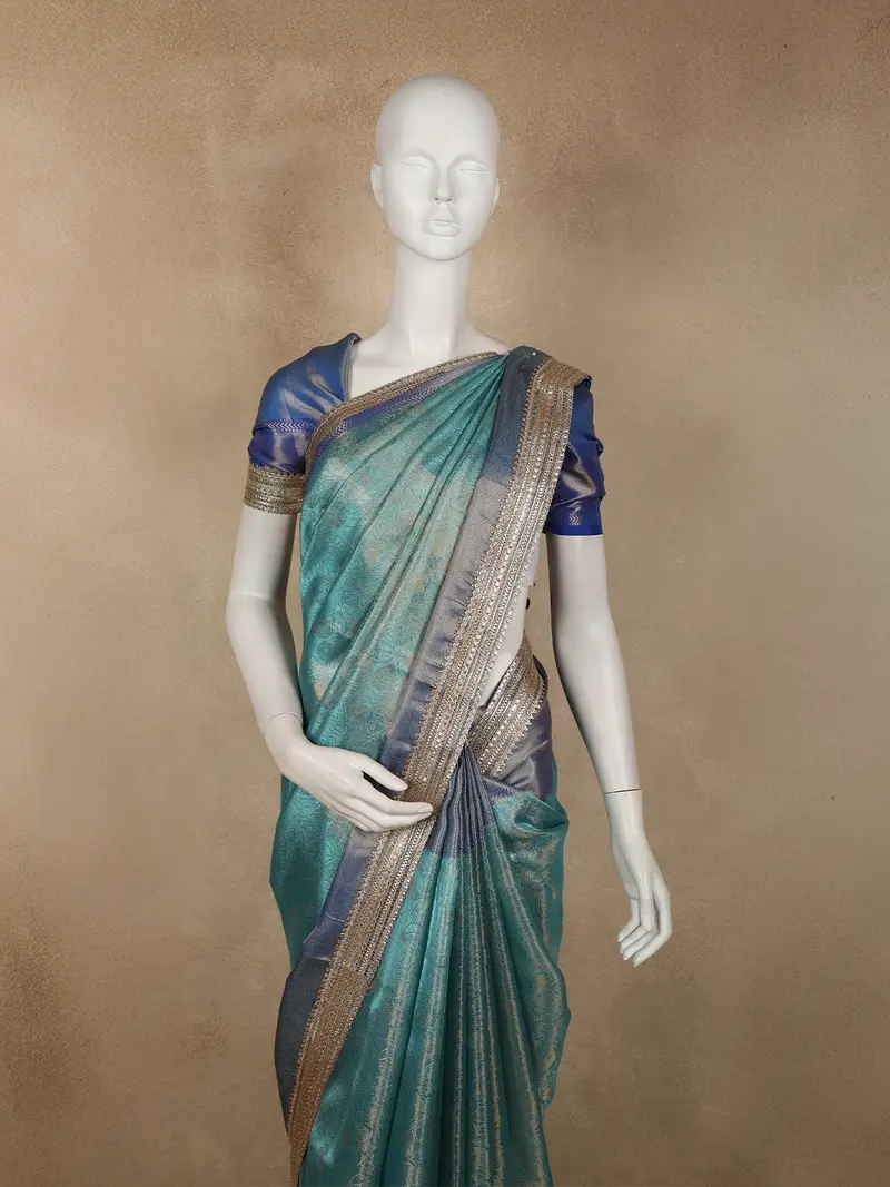 Teal Blue Geometric Zari Woven Design Tissue Designer Saree With Sequins Border 2