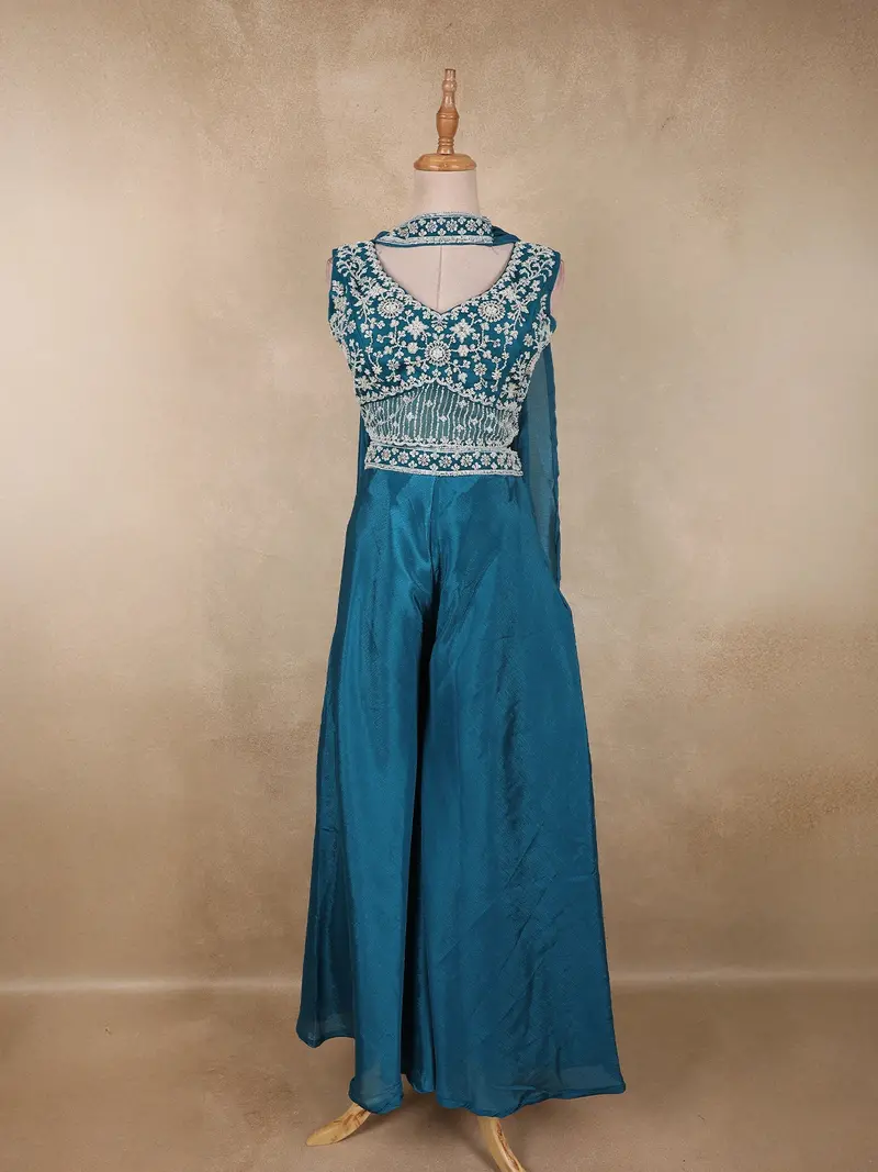 Teal Blue Heavy Sequins And Beads Embroidered Design Georgette Palazzo Suit With Dupatta 1
