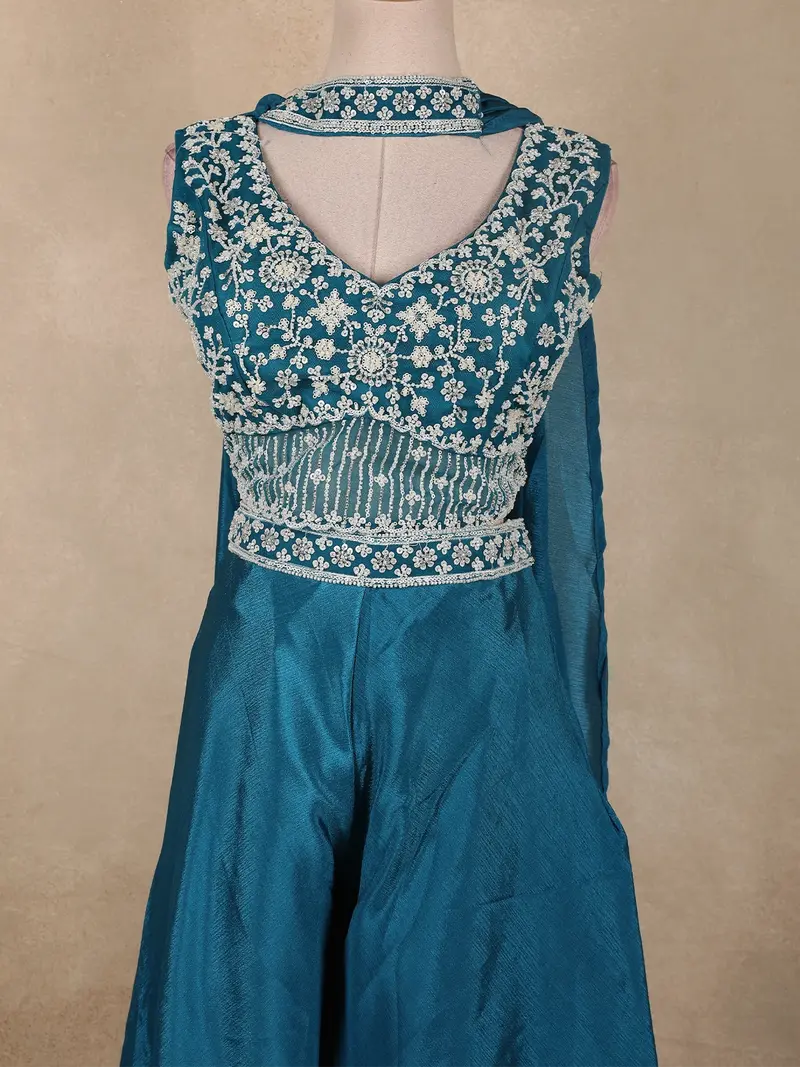Teal Blue Heavy Sequins And Beads Embroidered Design Georgette Palazzo Suit With Dupatta 2
