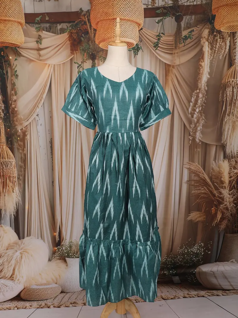 Teal Blue Ikat Printed Design Cotton Kurti 1