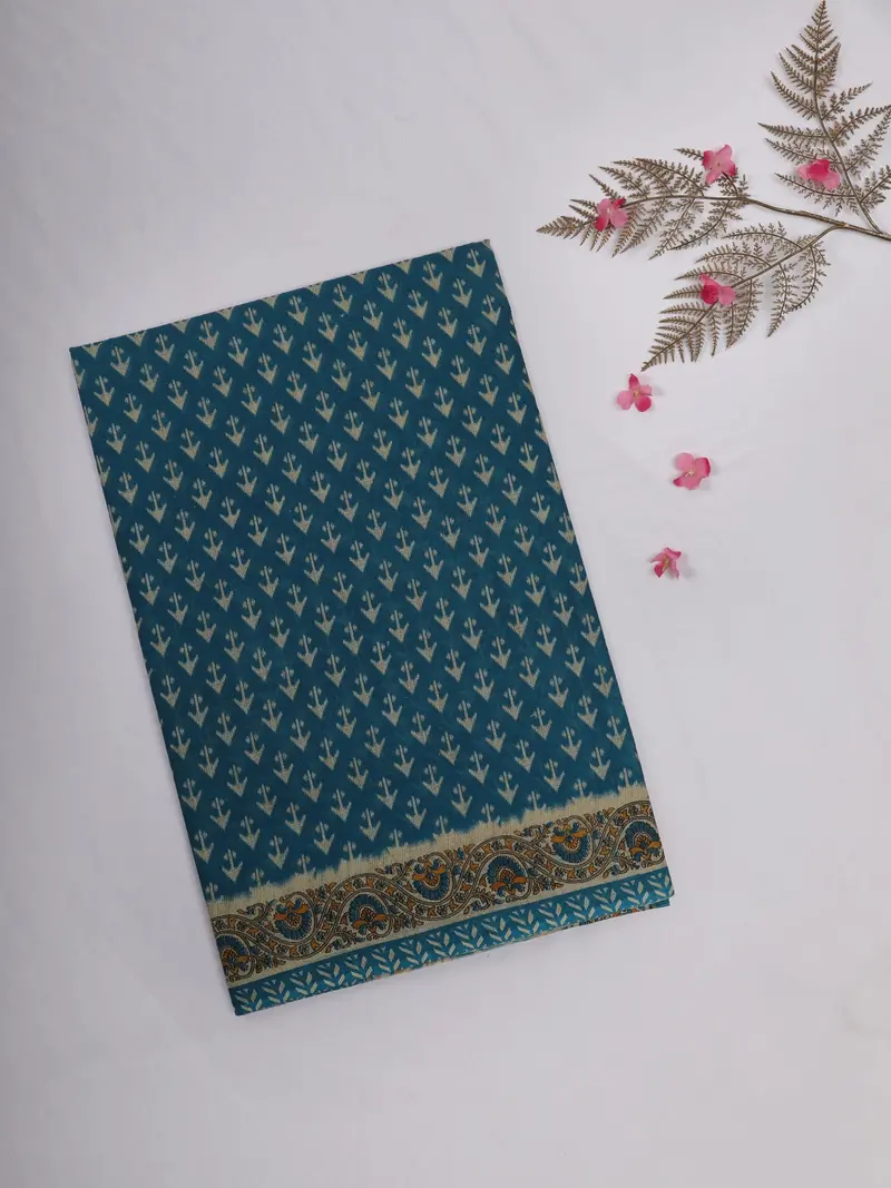 Teal Blue Ikat Printed Design Karishma Cotton Saree 1