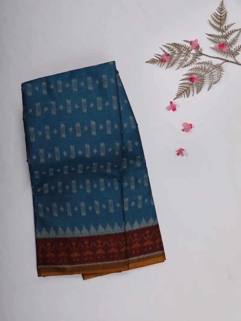 Teal Blue Ikat Printed Karishma Cotton Saree With Contrast Maroon Border 1