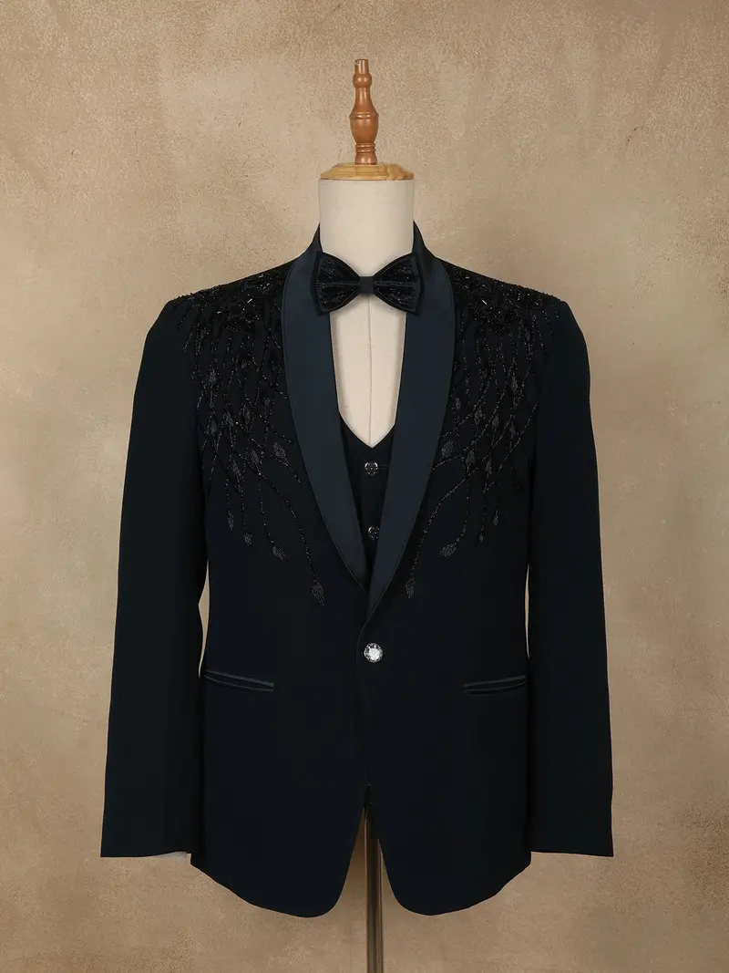 Teal Blue Intricate Black Beads Embroidered Design Polynosic Men's Suit 1