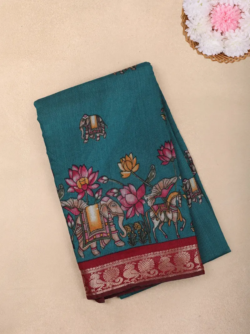 Teal Blue Kalamkari Floral And Animal Motif Printed Chanderi Cotton Saree With Maroon Zari Border 1