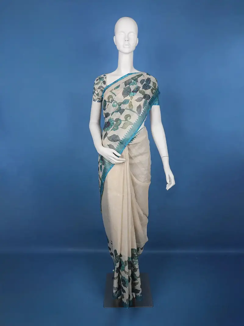Teal Blue Kalamkari Inspired Floral Printed Cotton Saree 1