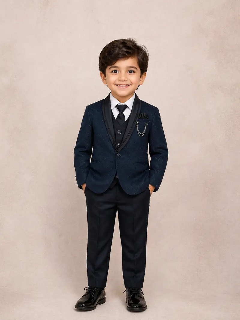 Teal Blue Kids Coat Suit Adorned With Glitters And Floral Design With Bow 1