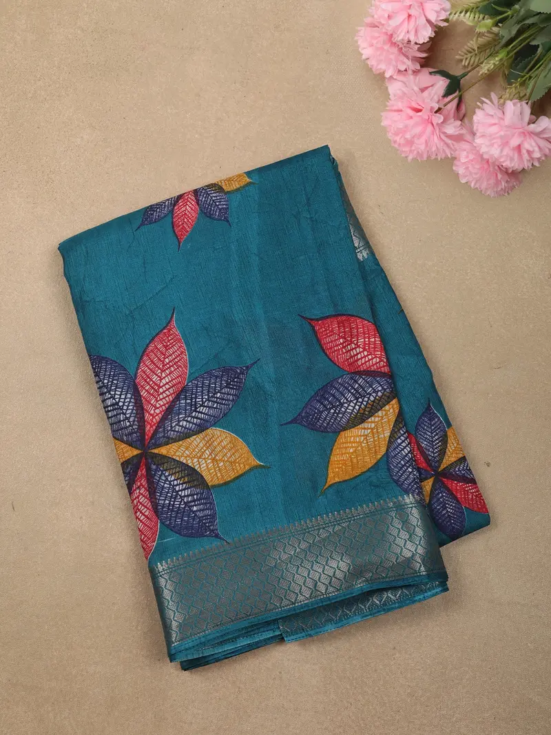 Teal Blue Leaf Printed Design Crepe Saree With Zari Border 1