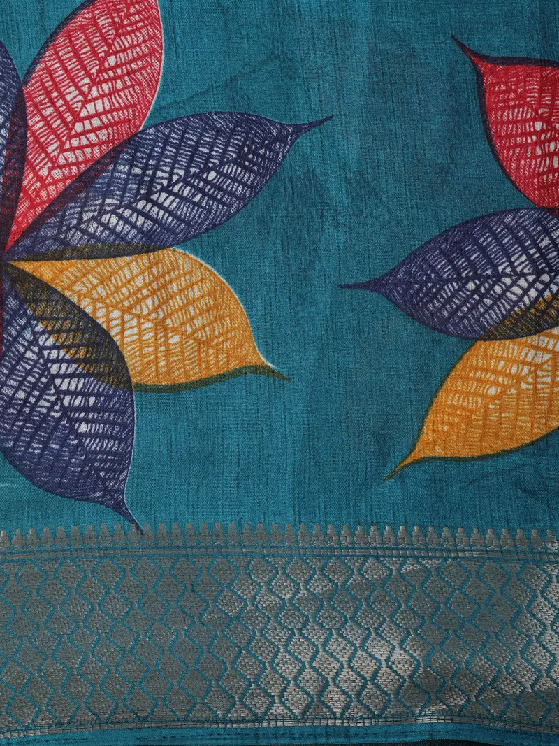 Teal Blue Leaf Printed Design Crepe Saree With Zari Border 2