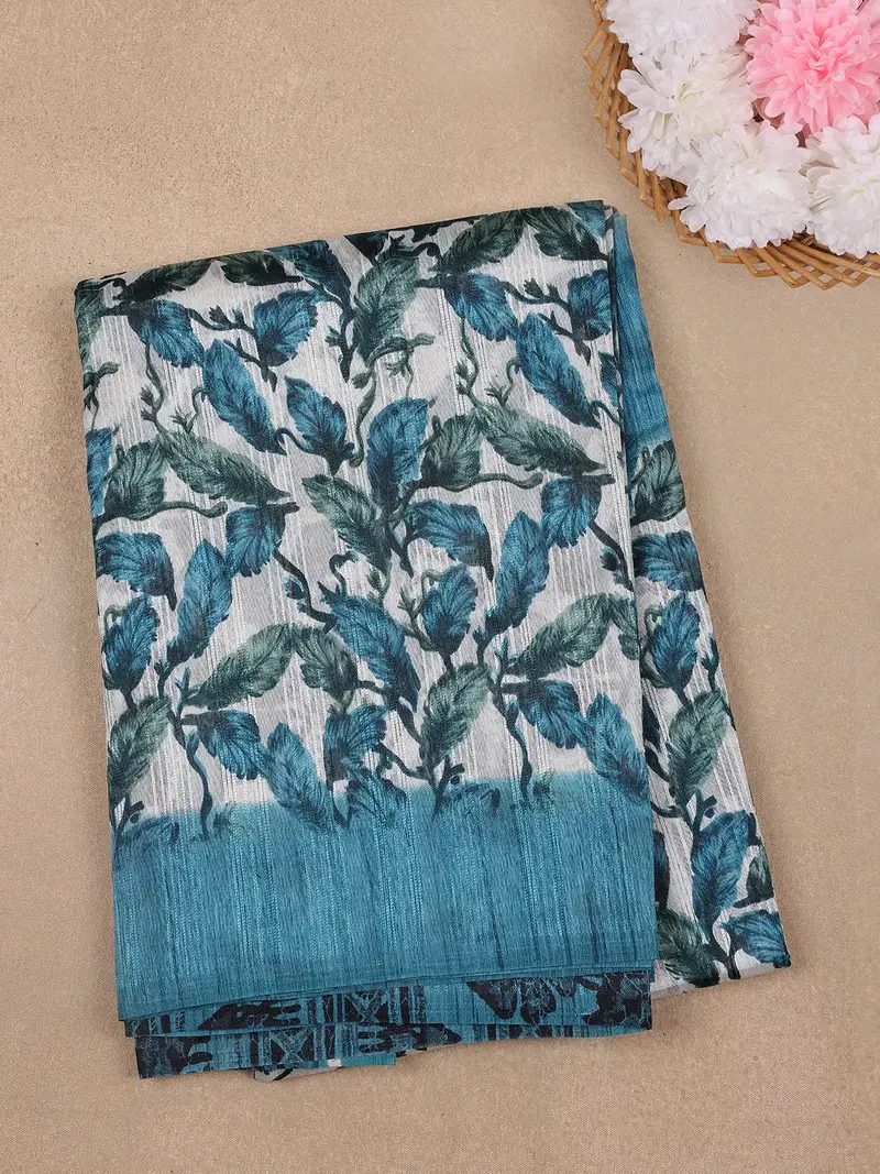 Teal Blue Leafy Prints Fancy Cotton Saree 1